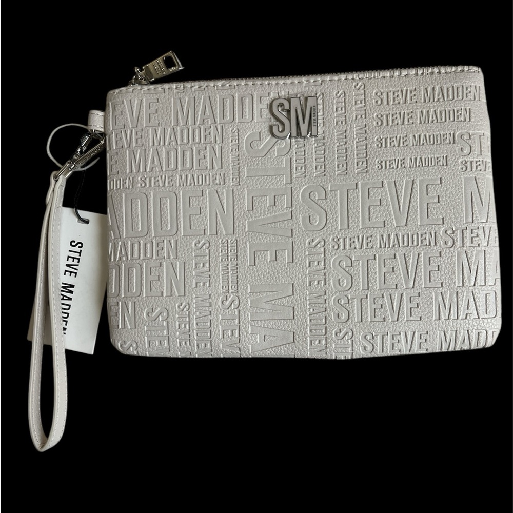 Steve Madden Logo Embossed Wristlet in Bone MSRP $58 with silver tone hardware